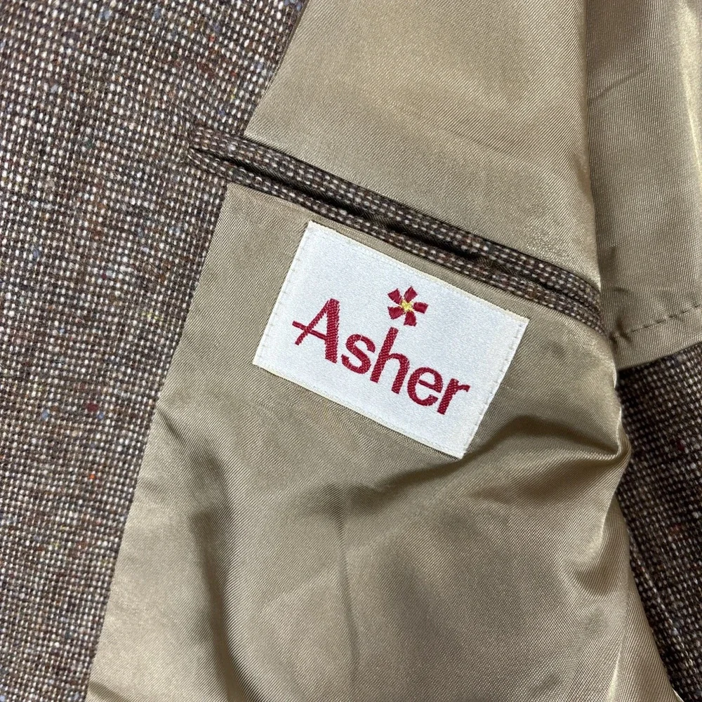 Asher‎ USA Made Sport Coat Mens 42R Brown Textured Tweed Leather Buttons
